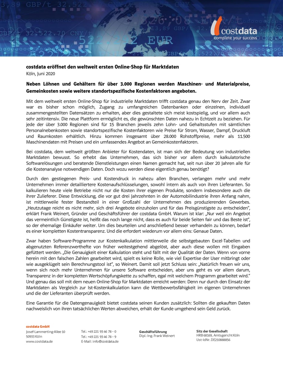 costdata eröffnet den weltweit ersten Online-Shop für Marktdaten
