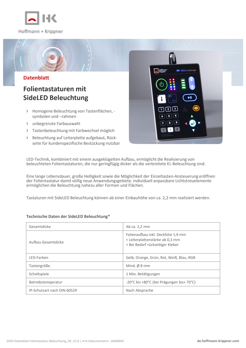 Datenblatt beleuchtete Folientastaturen mit SideLED Technologie
